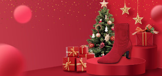 3D年货节C4D红色女鞋促销圣诞节新年春节元旦展台电商背景